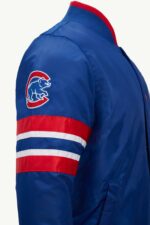 View Of Right Side Chicago Cubs Tricolor Satin Jacket With Tricolor Stripes and Logo.