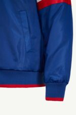 View Of Left Side The Down Chicago Cubs Tricolor Satin Jacket With Handwarmer Pocket And Cuffs Rib Knitted.