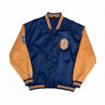 Front of Chicago Cubs 1908 Satin Jacket, navy and orange, rib-knit trim, snap buttons, CHICAGO CUBS WORLD CHAMPIONS logo.