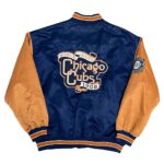Back of Chicago Cubs 1908 Satin Jacket, navy and orange, WORLD SERIES Chicago Cubs 1908 logo.