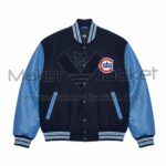 Front of Chicago Cubs Wrigleyville Varsity Jacket with navy/light blue wool, leather sleeves, snap buttons, and Cubs logo.