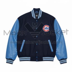 Front of Chicago Cubs Wrigleyville Varsity Jacket with navy/light blue wool, leather sleeves, snap buttons, and Cubs logo.