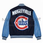 Back of Chicago Cubs Wrigleyville Varsity Jacket with “WRIGLEYVILLE” lettering and Cubs logo.