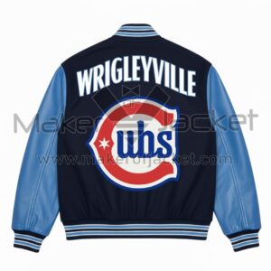 Back of Chicago Cubs Wrigleyville Varsity Jacket with “WRIGLEYVILLE” lettering and Cubs logo.