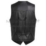 back view of Black Western Leather Vest with a pointed yoke, vertical seams, and an adjustable cinch strap at the lower back.