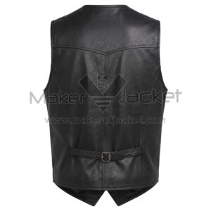 back view of Black Western Leather Vest with a pointed yoke, vertical seams, and an adjustable cinch strap at the lower back.