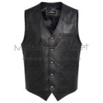 front view of Black Western Leather Vest with Button Front featuring a V-neckline, five brass buttons, welt pockets with Maker of Jacket brand label.