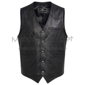 front view of Black Western Leather Vest with Button Front featuring a V-neckline, five brass buttons, welt pockets with Maker of Jacket brand label.