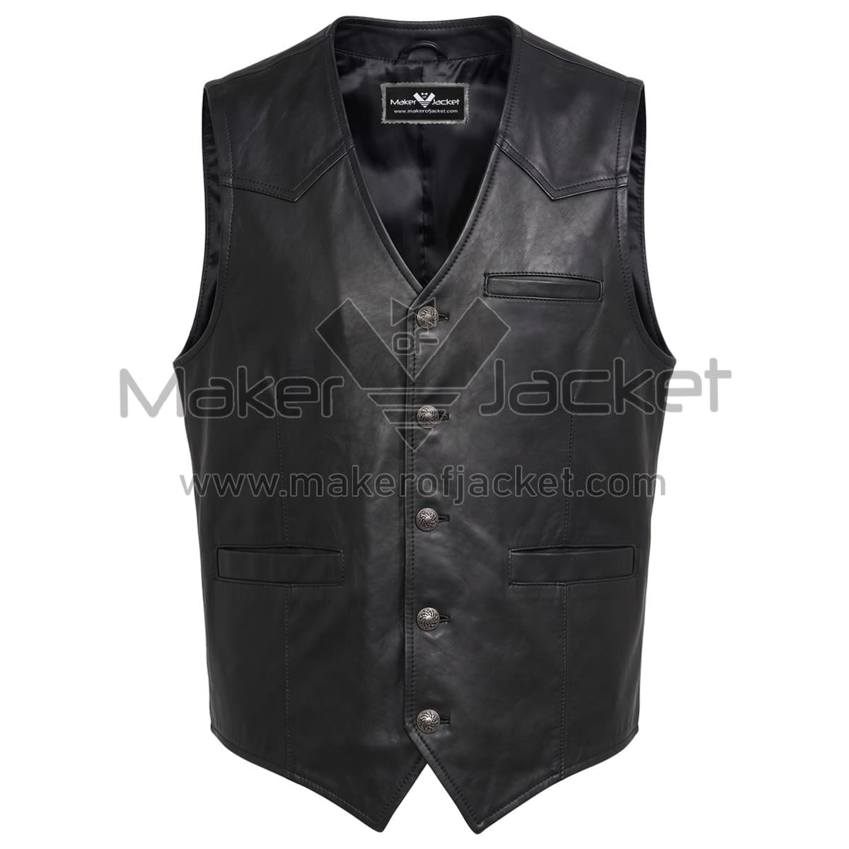 Classic Black Western Leather Vest Front front view of Black Western Leather Vest with Button Front featuring a V-neckline, five brass buttons, welt pockets with Maker of Jacket brand label.