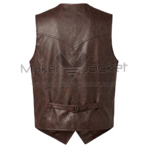 back view of Distressed Brown Western Leather Vest with a pointed yoke, vertical seams, and an adjustable cinch strap at the lower back.