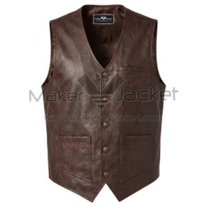 front view of Distressed Brown Western Leather Vest featuring a V-neckline, five brass buttons, a chest welt pocket, and two front patch pockets with Maker of Jacket brand label