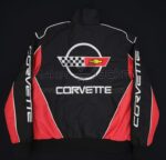 Corvette C4 Windbreaker Jacket back view with bold Corvette logo and lettering design black red white racing style windbreaker for women.