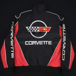 Corvette C4 Windbreaker Jacket back view with bold Corvette logo and lettering design black red white racing style windbreaker for women.