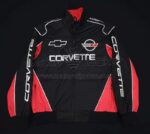 Corvette C4 Windbreaker Jacket for women front view in black red white polyester with Corvette logo chest zip pockets rib knit cuffs YKK zipper.