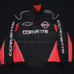 Corvette C4 Windbreaker Jacket for women front view in black red white polyester with Corvette logo chest zip pockets rib knit cuffs YKK zipper.