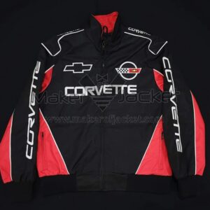 Corvette C4 Windbreaker Jacket for women front view in black red white polyester with Corvette logo chest zip pockets rib knit cuffs YKK zipper.