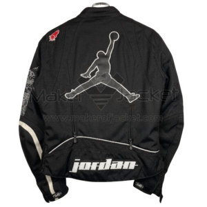 Back of a black Joe Rocket motorcycle jacket with white Jumpman logo, and other racing patches