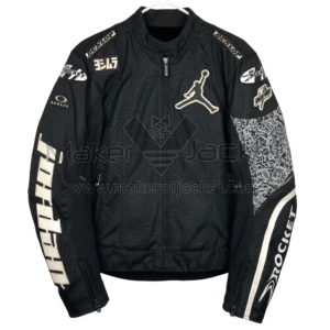 Front of a black Joe Rocket motorcycle jacket with white Jumpman logo, and other racing patches