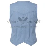 back view of Light Blue Button Front Western Cotton Vest featuring a pointed yoke, vertical princess seams, and a distinct V-shaped bottom hemline.