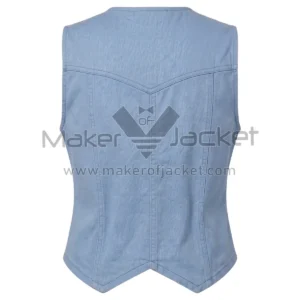 back view of Light Blue Button Front Western Cotton Vest featuring a pointed yoke, vertical princess seams, and a distinct V-shaped bottom hemline.
