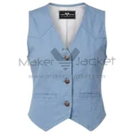 front view of Light Blue Button Front Western Cotton Vest with a V-neckline, three copper buttons, pointed front hem, and decorative yoke stitching on the chest.