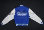 MLB LA Dodgers varsity jacket back view, Dodgers patch, blue white wool leather design, rib knitted details.