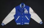 MLB LA Dodgers women varsity jacket front view, blue and white wool leather, LA chest patch, snap button closure.