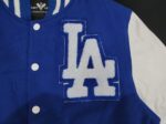 MLB LA Dodgers women varsity jacket Chest view of LA logo.