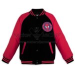 Marvel Spider-Man Black Red Varsity Jacket Front View, Wool Body with Rib Knitted Collar, Cuffs and Waistband, Snap Button Closure, “SPIDER MAN TO THE RESCUE” Chest Logo.