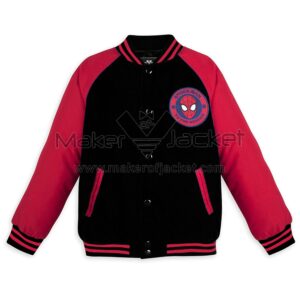 Marvel Spider-Man Black Red Varsity Jacket Front View, Wool Body with Rib Knitted Collar, Cuffs and Waistband, Snap Button Closure, “SPIDER MAN TO THE RESCUE” Chest Logo.
