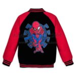 Marvel Spider-Man Black Red Varsity Jacket Back View, Bold Spider-Man Patch Design on Wool Jacket, Black and Red Color Combination, Varsity Style Streetwear Jacket.
