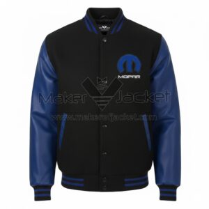 Mopar Black Blue Wool Leather Varsity Jacket front view with black wool body, leather sleeves, rib-knitted collar, and Mopar logo on chest