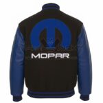 Mopar Black Blue Wool Leather Varsity Jacket back view featuring bold MOPAR lettering and logo on black wool with leather sleeves