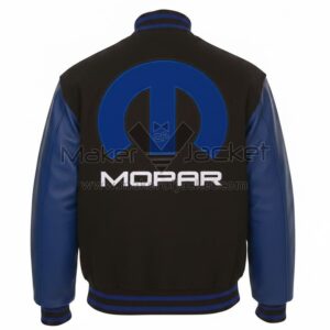 Mopar Black Blue Wool Leather Varsity Jacket back view featuring bold MOPAR lettering and logo on black wool with leather sleeves