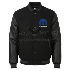 Mopar Black Wool Leather Varsity Jacket front view with black wool body, leather sleeves, rib-knitted collar, and Mopar logo on chest