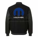 Mopar Black Wool Leather Varsity Jacket back view featuring bold MOPAR lettering and logo on black wool with leather sleeves