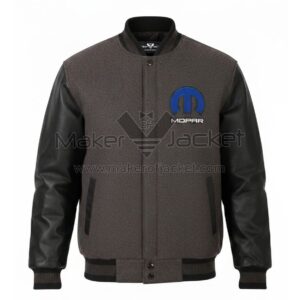 Mopar Charcoal Black Wool Leather Varsity Jacket front view with Charcoal wool body, black leather sleeves, rib-knitted collar, and Mopar logo on chest.