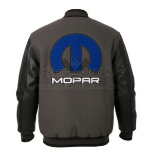 Mopar Charcoal Black Wool Leather Varsity Jacket back view featuring bold MOPAR lettering and logo on Charcoal wool with black leather sleeves.