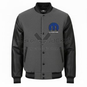 Mopar Gray Black Wool Leather Varsity Jacket front view with Gray wool body, black leather sleeves, rib-knitted collar, and Mopar logo on chest.