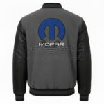 Mopar Gray Black Wool Leather Varsity Jacket back view featuring bold MOPAR lettering and logo on Gray wool with black leather sleeves.