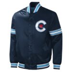 Navy Chicago Cubs City Connect Midfield satin jacket front view with snap button closure, rib knitted collar, and Cubs cap logo on chest