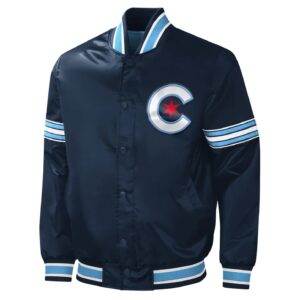 Navy Chicago Cubs City Connect Midfield satin jacket front view with snap button closure, rib knitted collar, and Cubs cap logo on chest
