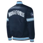 Navy Chicago Cubs City Connect Midfield satin jacket back view featuring bold WRIGLEYVILLE lettering and rib knitted waistband