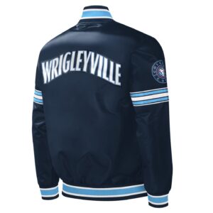 Navy Chicago Cubs City Connect Midfield satin jacket back view featuring bold WRIGLEYVILLE lettering and rib knitted waistband