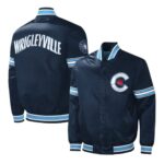 Navy Chicago Cubs City Connect satin jacket showing front and back with snap buttons, ribbed trims, Cubs logos, and WRIGLEYVILLE lettering