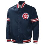 Front view of Navy Chicago Cubs Satin Jacket with snap-button closure, ribbed collar, cuffs, waistband, side pockets, and Cubs logo on the left chest.