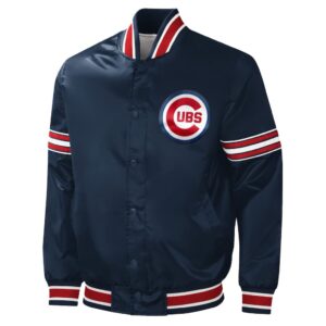 Front view of Navy Chicago Cubs Satin Jacket with snap-button closure, ribbed collar, cuffs, waistband, side pockets, and Cubs logo on the left chest.