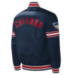 Back view of Navy Chicago Cubs Satin Jacket featuring “CHICAGO” lettering and alternate Cubs logo on the right arm.