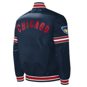 Back view of Navy Chicago Cubs Satin Jacket featuring “CHICAGO” lettering and alternate Cubs logo on the right arm.