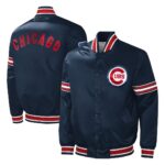Front and back view of Navy Chicago Cubs Satin Jacket with snap buttons, ribbed trims, side pockets, Cubs logos, and “CHICAGO” on the back.